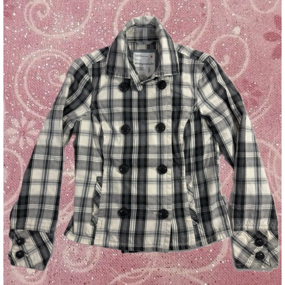 Y2K Vtg Aeropostale Jacket Womens Sz Small Gray Black White Plaid Cotton Preppy